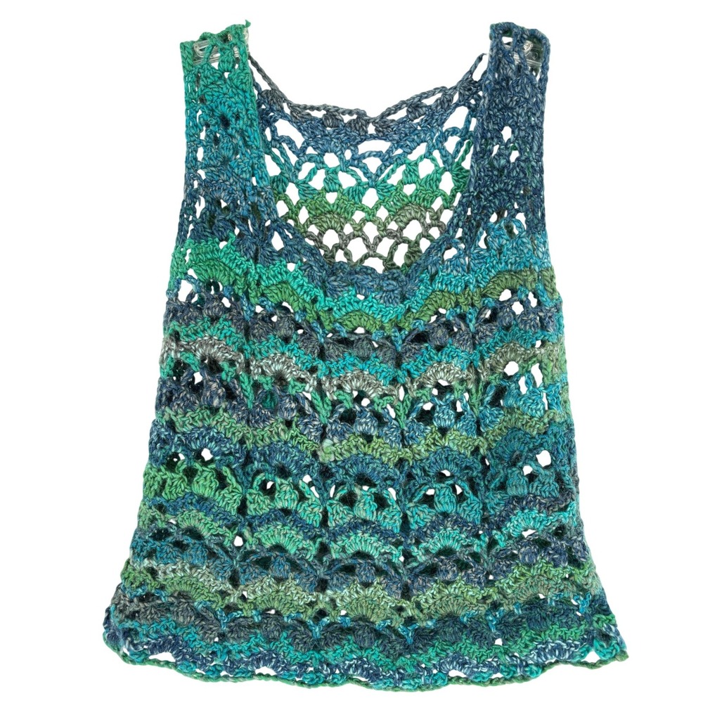 Handmade Crochet Vest Top Blue Green Ombre Lace Boho Summer Beach Cover Up